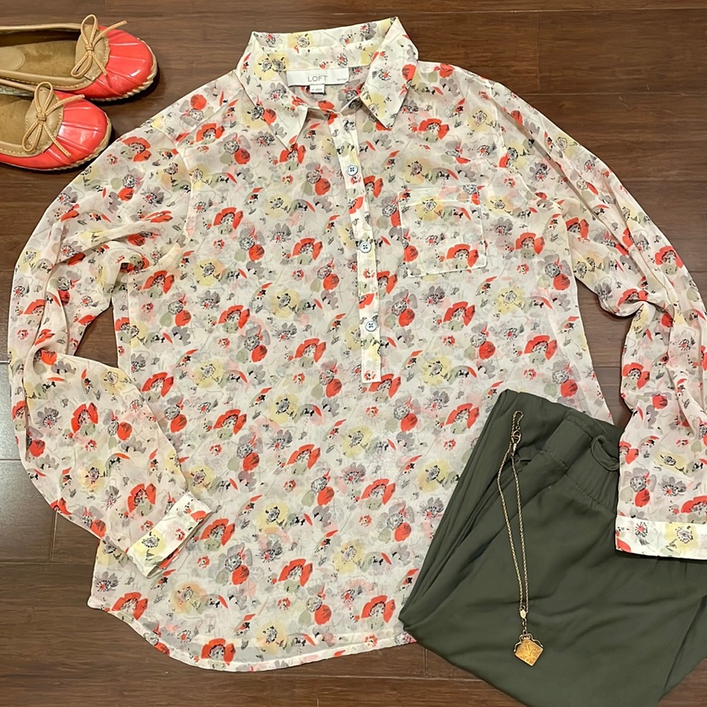 Ann Taylor Loft Orange Floral Button Front Shirt